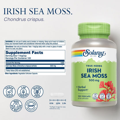 SOLARAY Irish Sea Moss 500 mg Naturally Occurring Vitamins, Minerals, and Fibre Herbal Support for Digestive Health and More – Vegan, Gluten-free, Lab Verified – 60-Day Guarantee – 100 Servings, 100 VegCaps