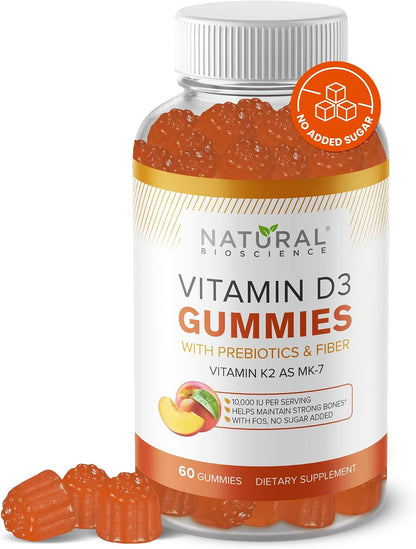 Vitamin D3 10,000 IU & Vitamin K2 (MK-7) Gummies – Extra-Strength, Sugar-Free – Bone, Joint, Immune and Heart Support – Non-GMO, Gluten-free – 60 Gummies
