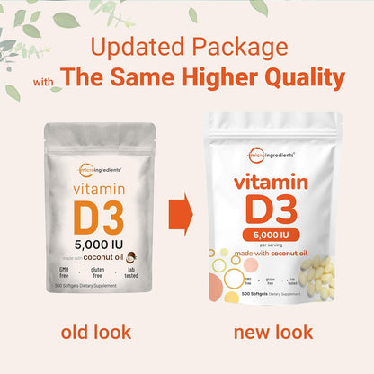Micro Ingredients Vitamin D3 5,000 IU, 500 Soft gel capsules | Virgin Coconut Oil | Cholecalciferol | Bone & Immune Support | Non-GMO