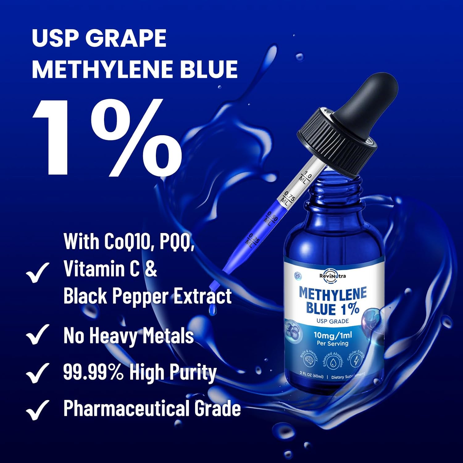 ReviNutra Methylene Blue Drops, USP Grade 1% with PQQ, CoQ10, Vitamin C & Piperine, 60 ml - görsel 4