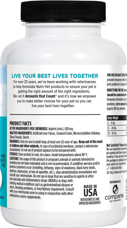 Nutri-Vet Aspirin for Dogs 120 mg - Temporary Pain Relief for Small to Medium Dogs, 100 Tablets