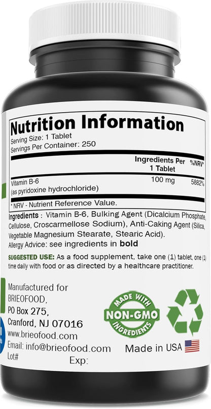 Brieofood Vitamin B6 100 mg 250 Tablets