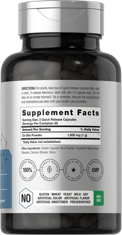 Horbäach Ox Bile Supplement | 1000mg | 100 Capsules | Digestive Enzymes | Non-GMO & Gluten-Free