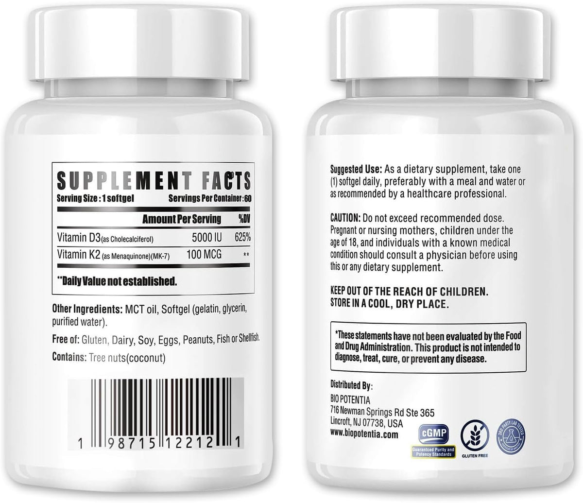 BIO POTENTIA Vitamin D3 K2 with MCT Oil - 5000 IU D3 & 100mcg K2 (MK-7) - Bone, Teeth & Immune Support - Non-GMO, Gluten-free - 60 Soft gel capsules - görsel 8