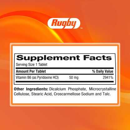 Rugby Vitamin B6 50mg Tablets, Gluten-Free Food Supplement for Adults - 1000 Count