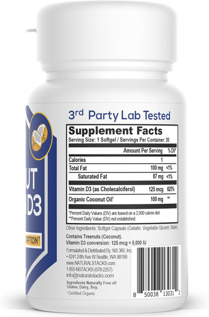 Natural Stacks Vitamin D3 5,000 IU Supplement with Coconut Oil