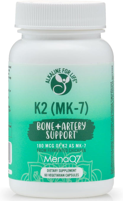 Alkaline for Life Vitamin K2 MK-7 MenaQ7 – 180 mcg Menaquinone-7 – Bone & Artery Support – 60 Vegetarian Capsules