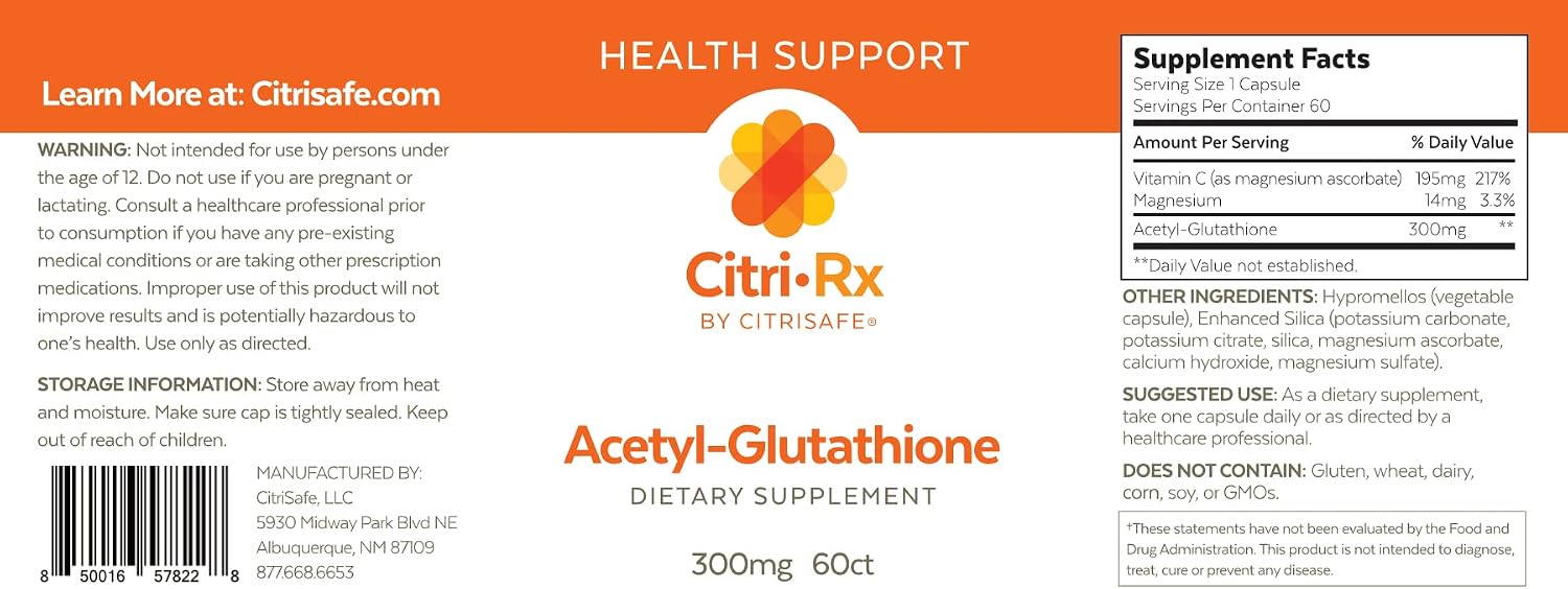 CitriRx Acetyl Glutathione - 300mg, 2 Months Supply - Made in USA - Best Absorption Antioxidant with Magnesium - 60 Capsules - görsel 2
