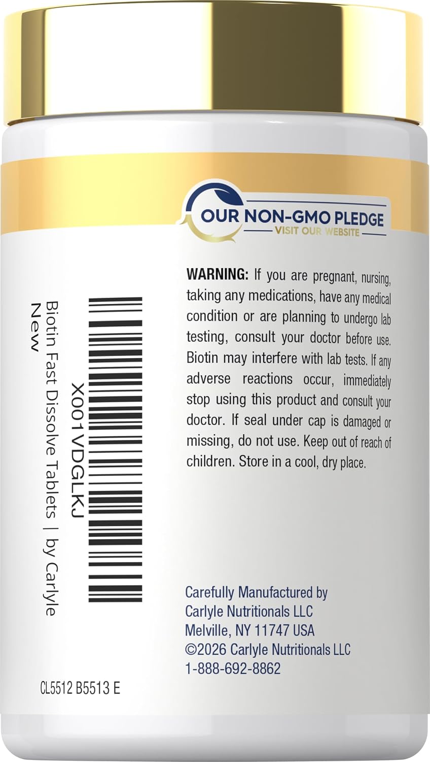 Carlyle Biotin 10000mcg Fast Dissolve Tablets, 250 Count - Max Strength, Vegetarian, Non-GM, Gluten-free - görsel 3