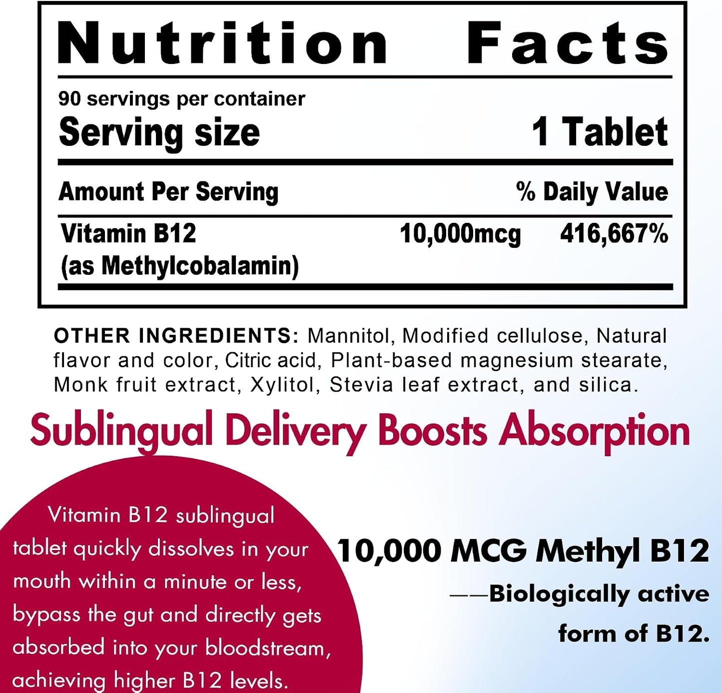 Vitamin B12, Methylcobalamin 10000 mcg, Active B12 Vitamins, Vegan, Natural Strawberry, Zero Sugar, 90 Fast Dissolve Tablets - görsel 2