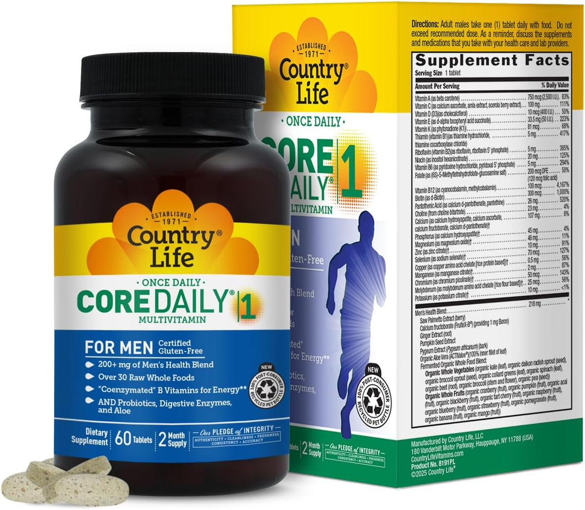 Country Life Core Daily-1 for Men - Multivitamin with Coenzymated B Vitamins, Probiotics, Saw Palmetto & Pumpkin Seed Extract - Gluten-Free & Vegetarian - 60 Tablets - görsel 1