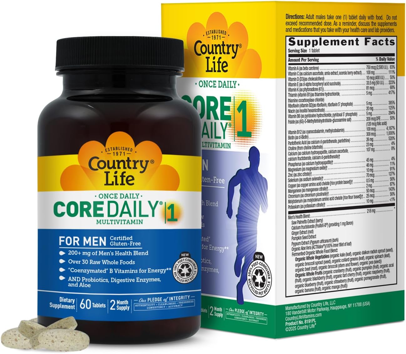 Country Life Core Daily-1 for Men - Multivitamin with Coenzymated B Vitamins, Probiotics, Saw Palmetto & Pumpkin Seed Extract - Gluten-Free & Vegetarian - 60 Tablets - görsel 1