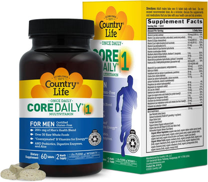 Country Life Core Daily-1 for Men - Multivitamin with Coenzymated B Vitamins, Probiotics, Saw Palmetto & Pumpkin Seed Extract - Gluten-Free & Vegetarian - 60 Tablets