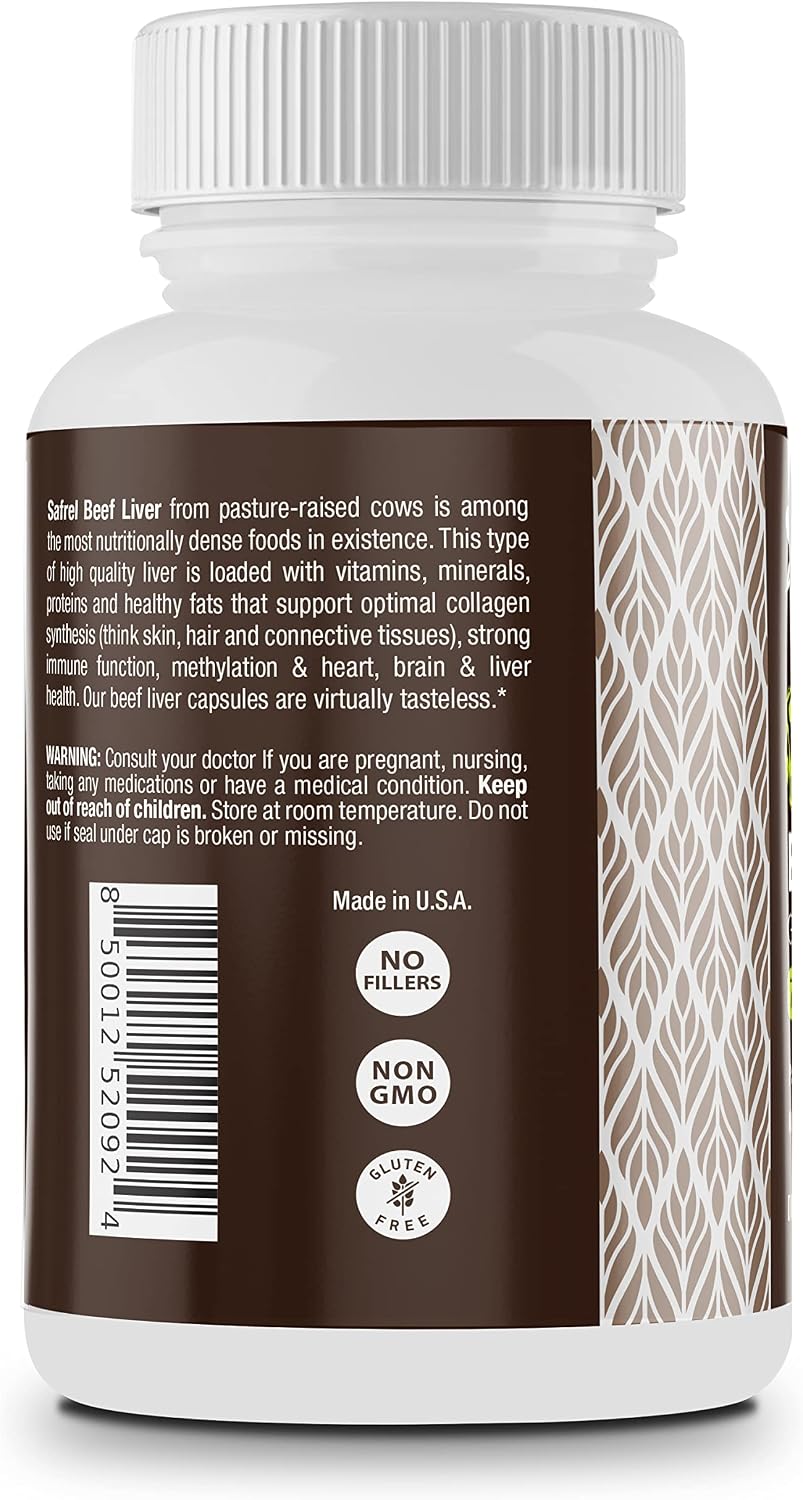 Safrel Grass Fed Desiccated Beef Liver Capsules – Pasture Raised – Undefatted 750mg Each | No Fillers | Natural Iron, Vitamin A, B12 for Energy | Non-GMO | Hormone & Pesticide Free | Gluten-Free - görsel 2