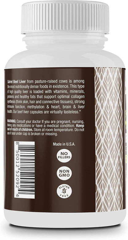 Safrel Grass Fed Desiccated Beef Liver Capsules – Pasture Raised – Undefatted 750mg Each | No Fillers | Natural Iron, Vitamin A, B12 for Energy | Non-GMO | Hormone & Pesticide Free | Gluten-Free