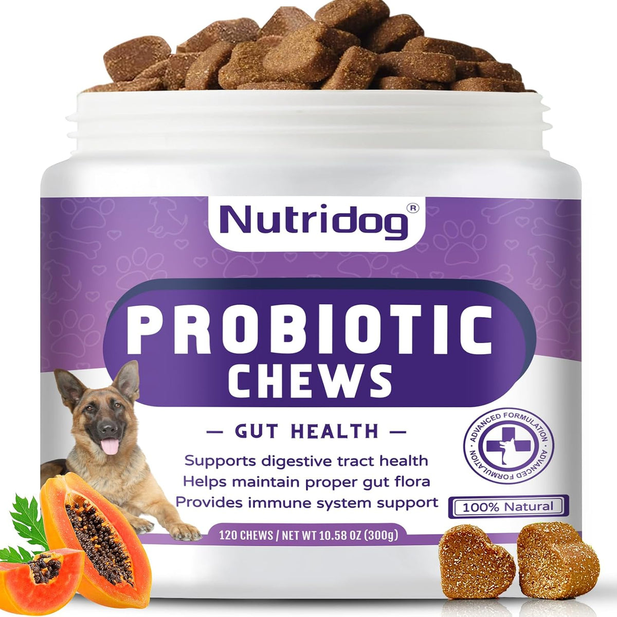 Nutridog Dog Probiotic Chews – 6 Billion CFU, 6 Strains, Duck Flavour (120 Count) - görsel 1