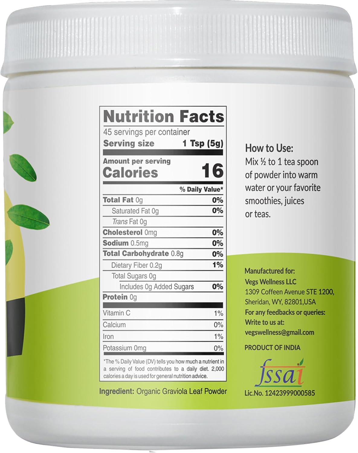 Vegs Organic Graviola Soursop Leaf Powder - Single Origin, True Green, 227 g - görsel 2