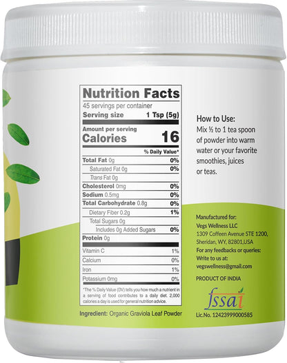 Vegs Organic Graviola Soursop Leaf Powder - Single Origin, True Green, 227 g