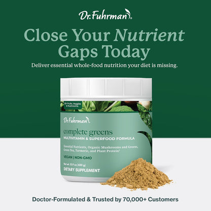 Dr. Fuhrman Whole Food Greens Powder - Premium Greens Superfood Powder Multivitamin with Organic Mushrooms, Turmeric, Plant Protein, Vitamins B12, D3, K2
