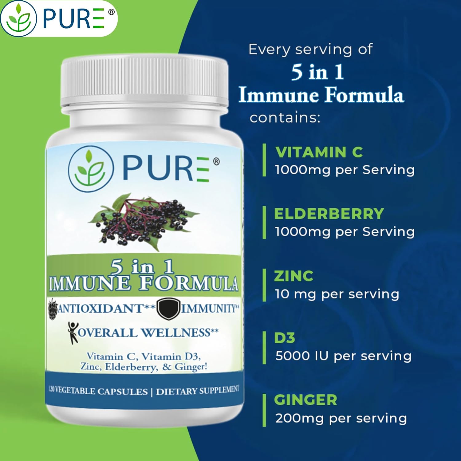 PURE® 5 in 1 Immune Formula - 120 Capsules - Black Elderberry, Vitamin C, D3, Zinc & Ginger Root - görsel 4