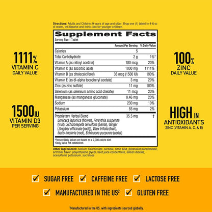 Airborne 1000mg Vitamin C with Vitamin D & Zinc - Sugar Free Effervescent Tablets for Immune Support, Very Berry Flavour with Antioxidants A, C, E - 30 Tablets (Pack of 2)