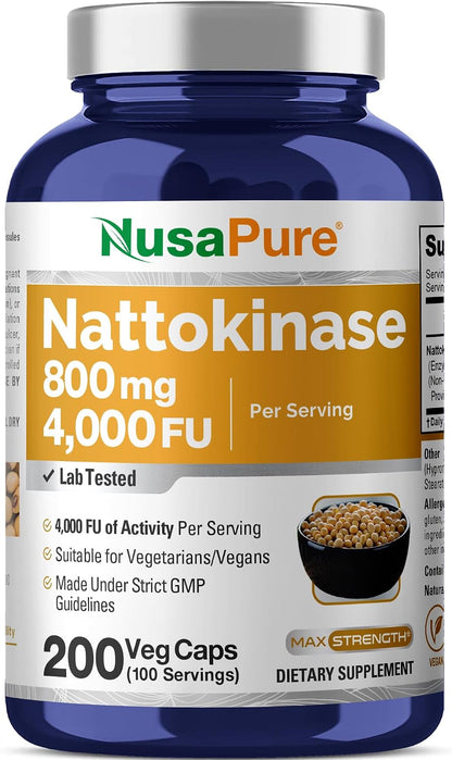 NusaPure Nattokinase 4000 FU 800mg, 200 Vegetable Capsules (Vegan, Non-GMO)