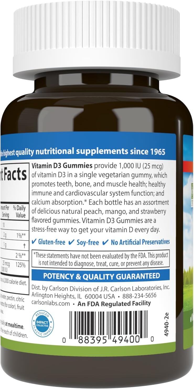 Carlson Vitamin D3 Gummies, 1000 IU (25 mcg), Natural Fruit Flavours, 60 Vegetarian Gummies - görsel 8