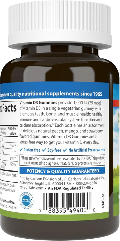 Carlson Vitamin D3 Gummies, 1000 IU (25 mcg), Natural Fruit Flavours, 60 Vegetarian Gummies