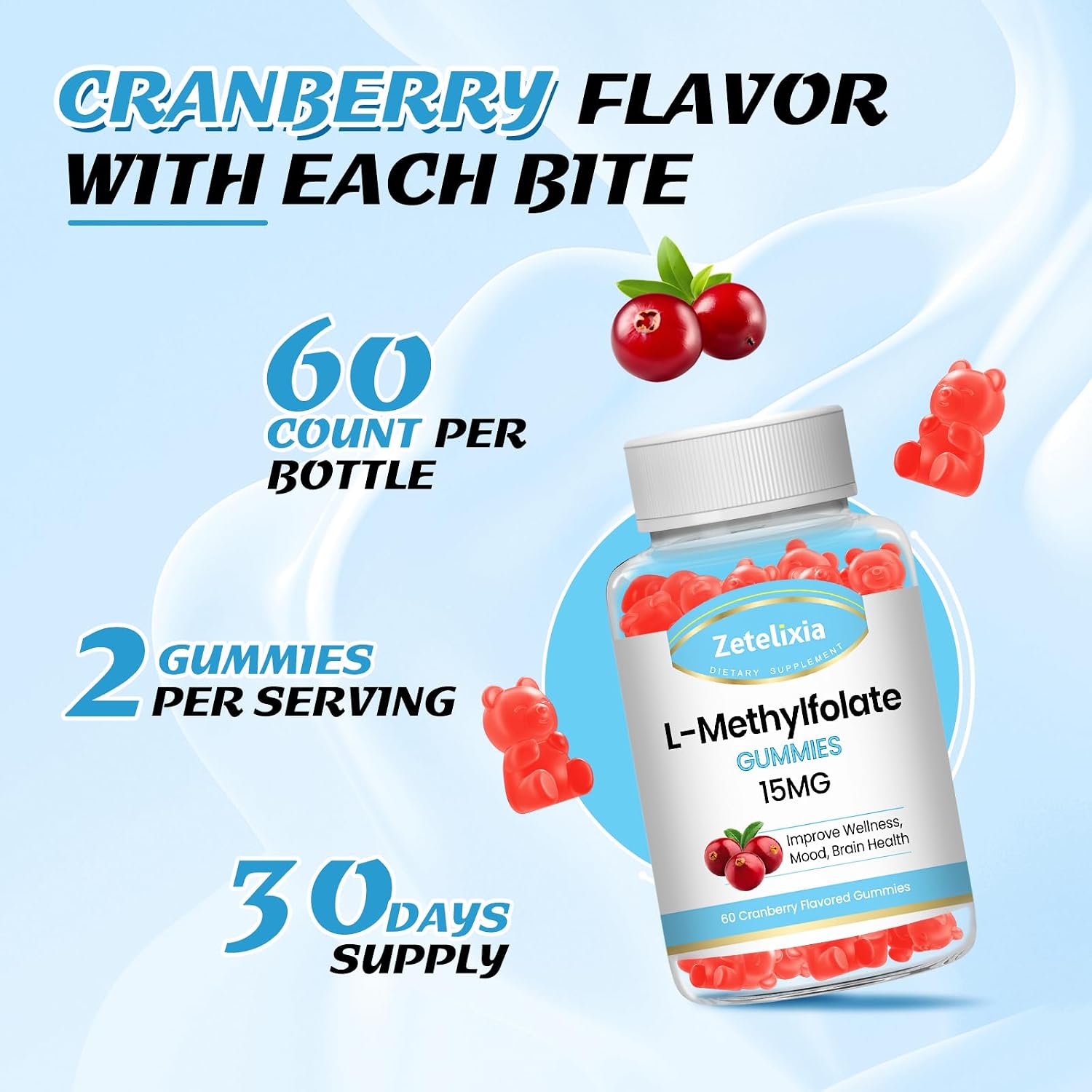 Zetelixia L-Methylfolate 15mg & Methyl B12 Gummies – Folate Supplements for Brain Health, Mood & Immunity, Sugar Free, Vegan, Cranberry Flavour, 60 Count - görsel 6