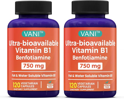 Mega Benfotiamine 750mg – Highly Bioavailable Vitamin B1 Supplement, Gluten-free, 120 Capsules