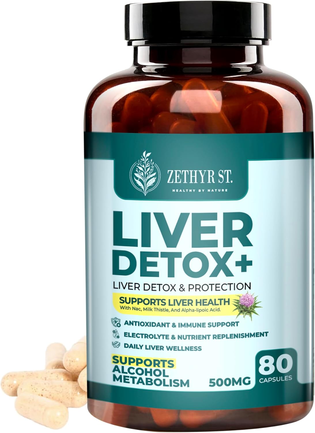 Zethyr St. Liver Detox+ with Milk Thistle - Premium Dose - Liver Cleanse Detox & Repair with NAC, ALA, Choline & B-Vitamins - 80 Capsules for Daily Antioxidant Support - görsel 1