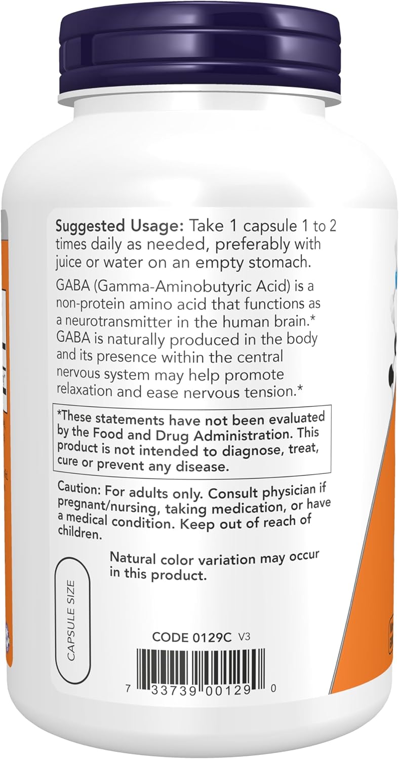 NOW Foods GABA (Gamma-Aminobutyric Acid) 750 mg, 200 Vegan Capsules - görsel 3