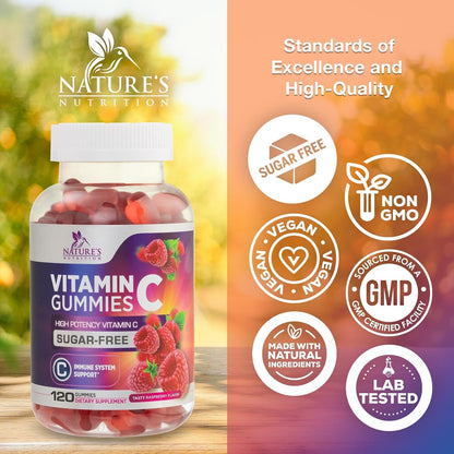 Zero Sugar Vitamin C Gummies - Immune Support and Antioxidant Vitamin C Food Supplement - Vegan, Non-GMO, Dairy and Gluten-free - Raspberry Flavour for Kids and Adults - 120 Count