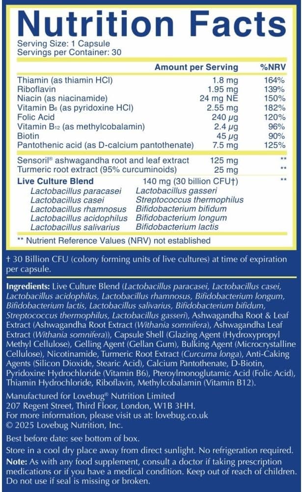 LOVEBUG Complete Mood Probiotic with 10 Clinically Studied Probiotic Strains & Patented Organic Ashwagandha (30 Capsules) - görsel 5