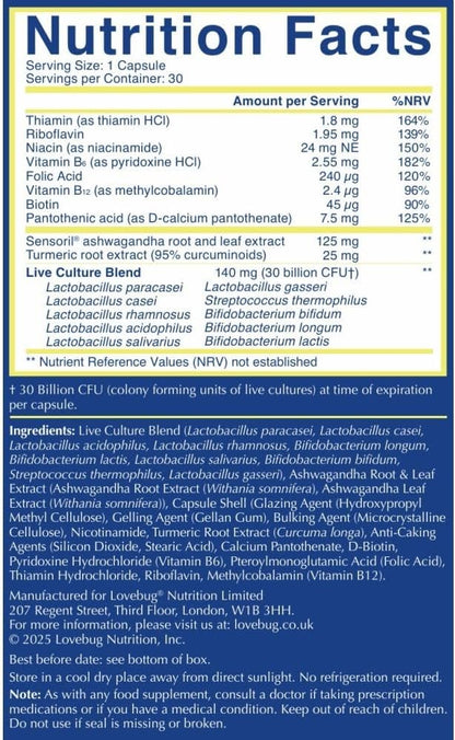 LOVEBUG Complete Mood Probiotic with 10 Clinically Studied Probiotic Strains & Patented Organic Ashwagandha (30 Capsules)