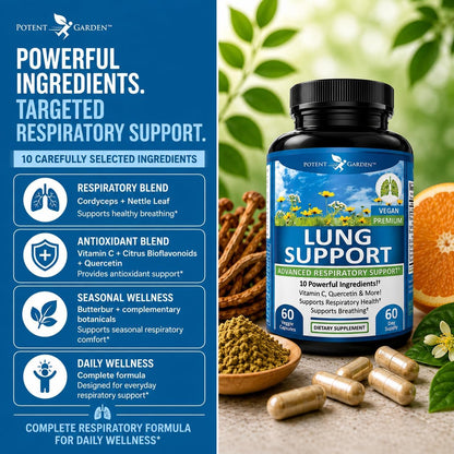 Potent Garden Lung Support Supplement – with Vitamin C, Quercetin and Herbal Blend – 60 Vegan Capsules