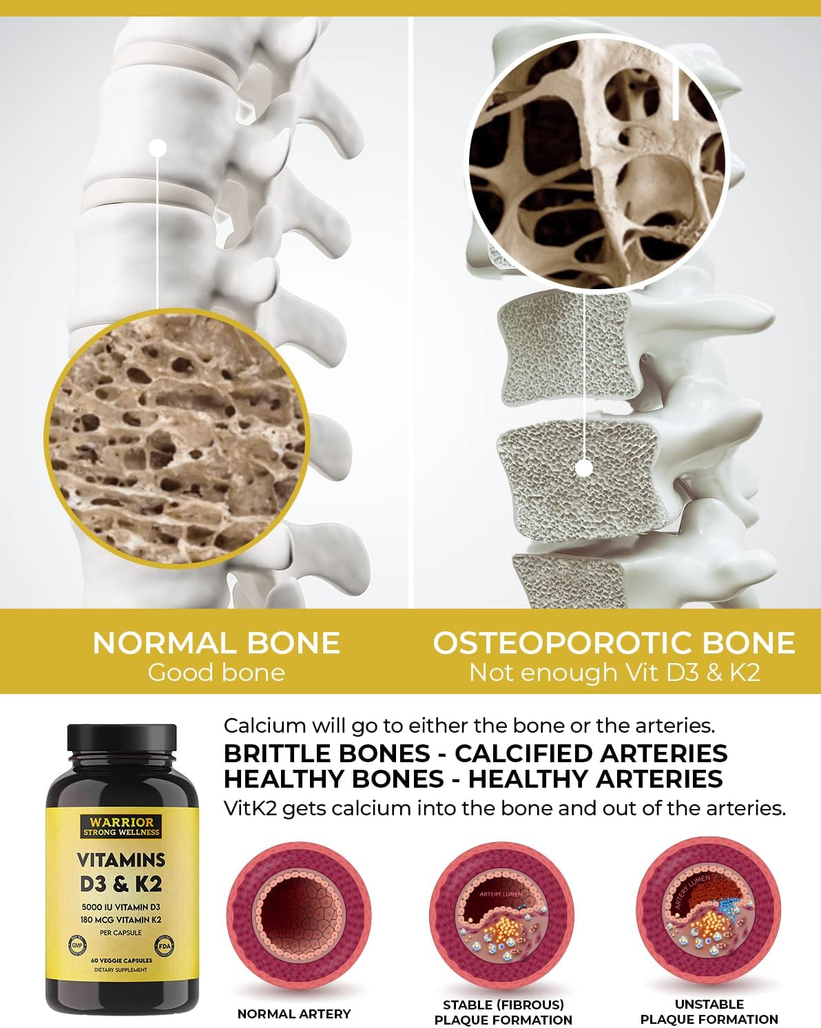 Warrior Strong Wellness Vitamin D3 with K2 - 5000 IU D3 & 180 mcg K2 (MK-7) - Bone Health & Immune Support - 60 Vegetable Capsules - görsel 6