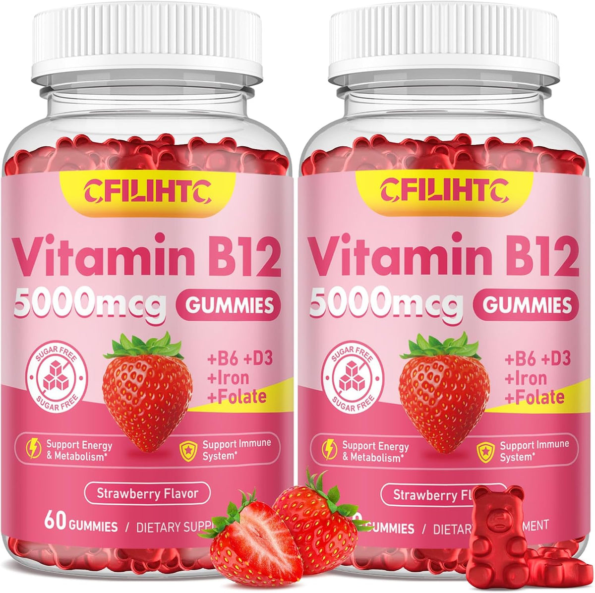 CFILIHTC Vitamin B12 Gummies – 5000mcg Methyl B12 with B6, D3, Iron & Folate, Sugar Free, Vegan, Strawberry, 2 Pack - görsel 1