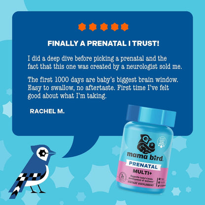 Mama Bird - Prenatal Multi+ (30 Servings) Pregnancy Multivitamin for Women - 30+ Essential Nutrients, Baby Brain Development - Methylfolate & Probiotics, Methylated Multivitamin - Vegan, Gluten-free, Non GMO