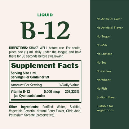 Nature's Bounty Vitamin B12 5000 mcg Sublingual Liquid, 2 fl oz (59 ml)