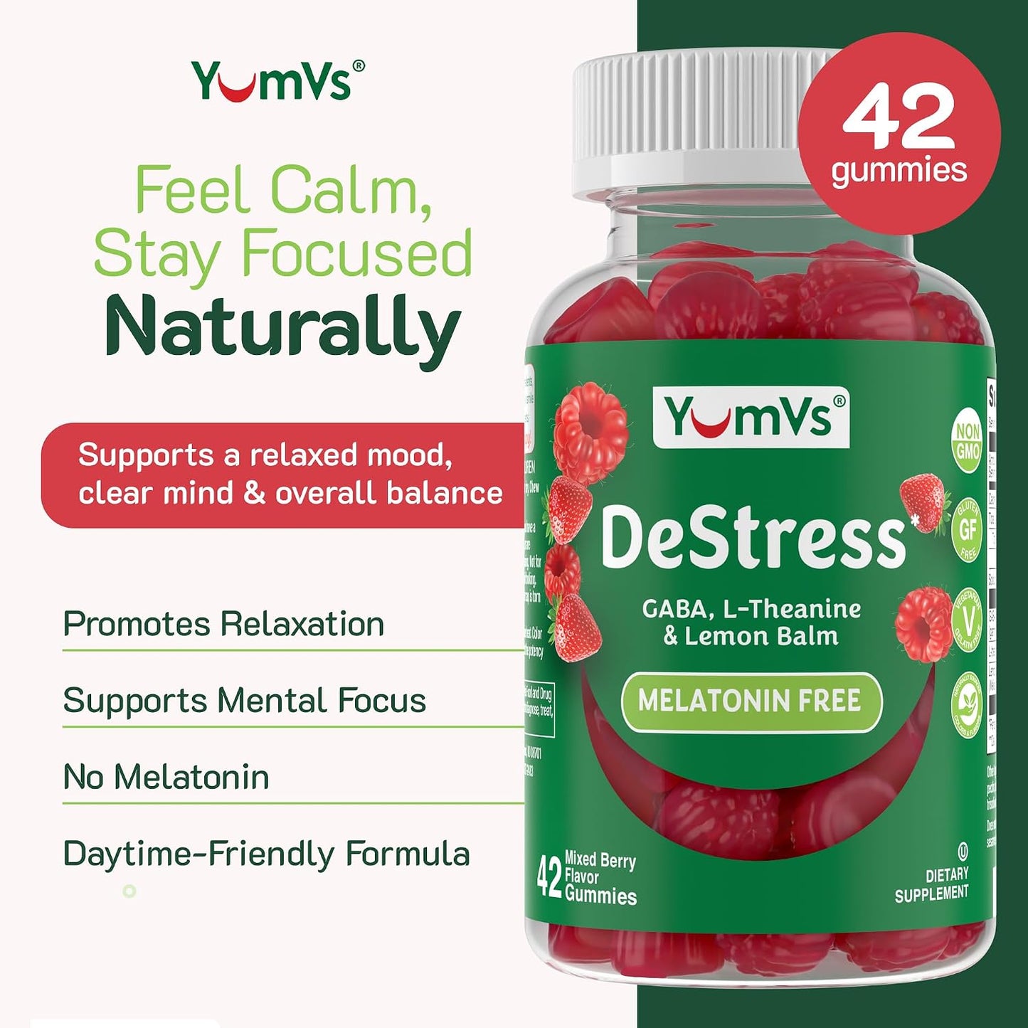 YumV's De-Stress Gummies with GABA, L-Theanine, and Lemon Balm, Mixed Berry, 42 Count - görsel 2