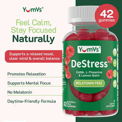 YumV's De-Stress Gummies with GABA, L-Theanine, and Lemon Balm, Mixed Berry, 42 Count