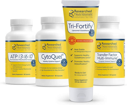 Researched Nutritionals Foundation Kit - Tri-Fortify Liposomal Glutathione (450mg) Watermelon Flavour, Transfer-Factor Multi Immune, ATP 360 & CytoQuel