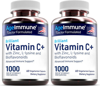 Vitamin C 1000mg Complex with L-Lysine 500mg, Zinc Gluconate 12mg, Bioflavonoids 300mg - Doctor Formulated Immune Support - Magnesium Stearate Free (2 Bottles)