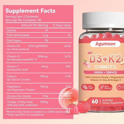 Agumoon Vitamin D3 K2 Gummies for Adults, 60 Gummies