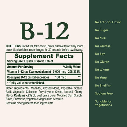 Nature's Bounty Vitamin B12, Supports Energy Metabolism and Nervous System Health, 5000mcg, 40 Quick Dissolve Tablets