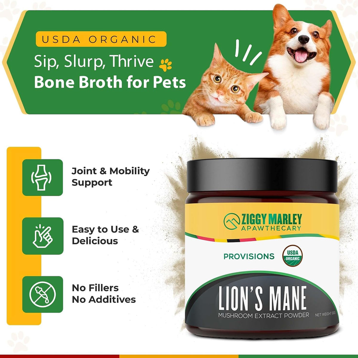 ZMA PETS Organic Lion's Mane Mushroom Powder for Dogs and Cats – Cognitive Support, USDA Organic, 45 Servings - görsel 2