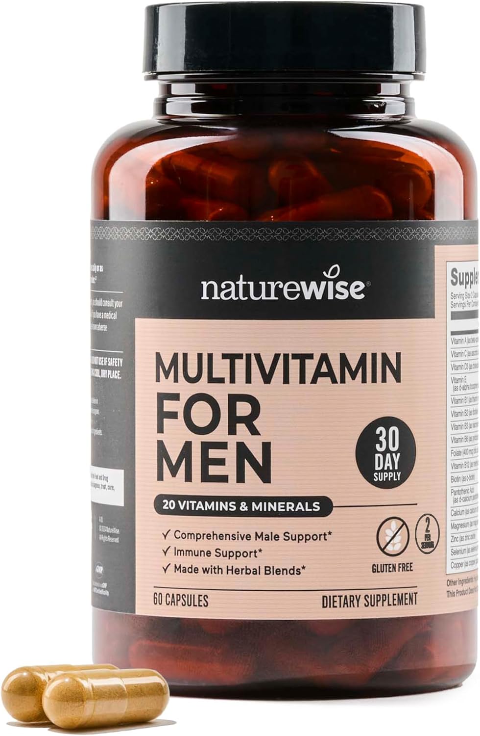 NatureWise Multivitamin for Men - Daily Male Support - Minerals & Herbs for Energy, Performance, Immunity - with Vitamin A, C, D, B-Complex - Soya & Gluten-free, Non-GM - 60 Capsules (30-Day Supply) - görsel 1