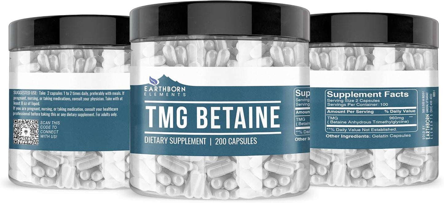 Earthborn Elements TMG Betaine Anhydrous Trimethylglycine 200 Capsules, Pure & Undiluted, No Additives - görsel 2
