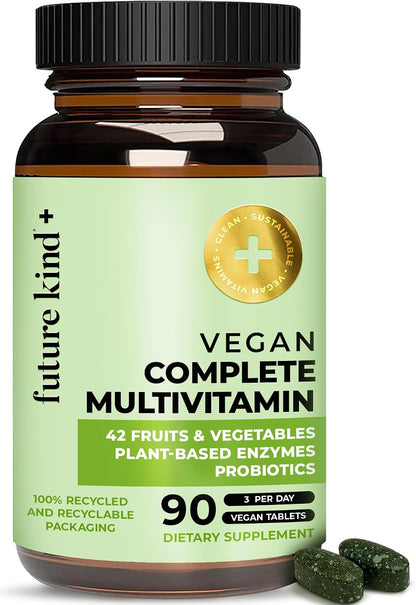 Future Kind Vegan Multivitamins Complete - 42-in-1 Multivitamin for Women and Men with Enzymes, B12, Zinc, and Probiotics (90 Tablets)
